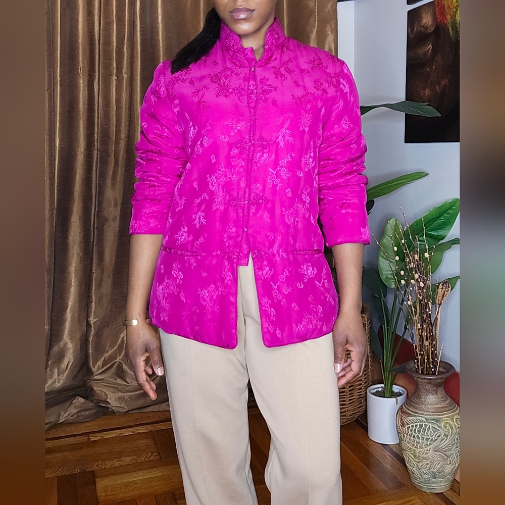 Double Horse Silk Asian Floral Jacket Sz:Medium